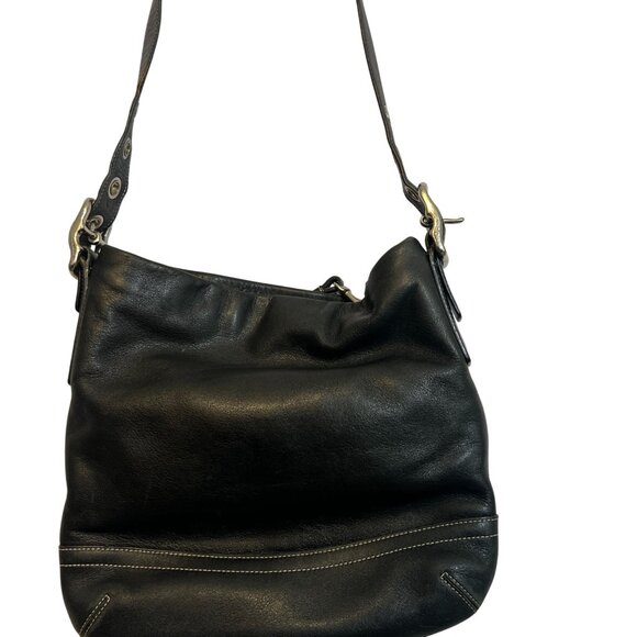 COA Coach Black Leather Shoulder Bag Tote Purse Duffle Tassel White Stitch Fring - Picture 2 of 15